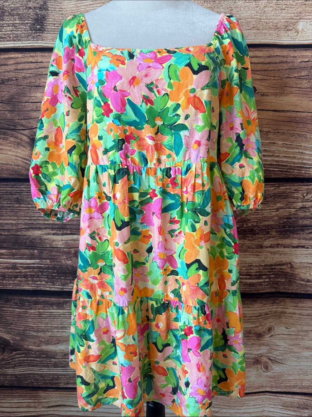 Sanctuary Vibrant Floral Puff-Sleeve Mini Dress in Pink, Green & Orange